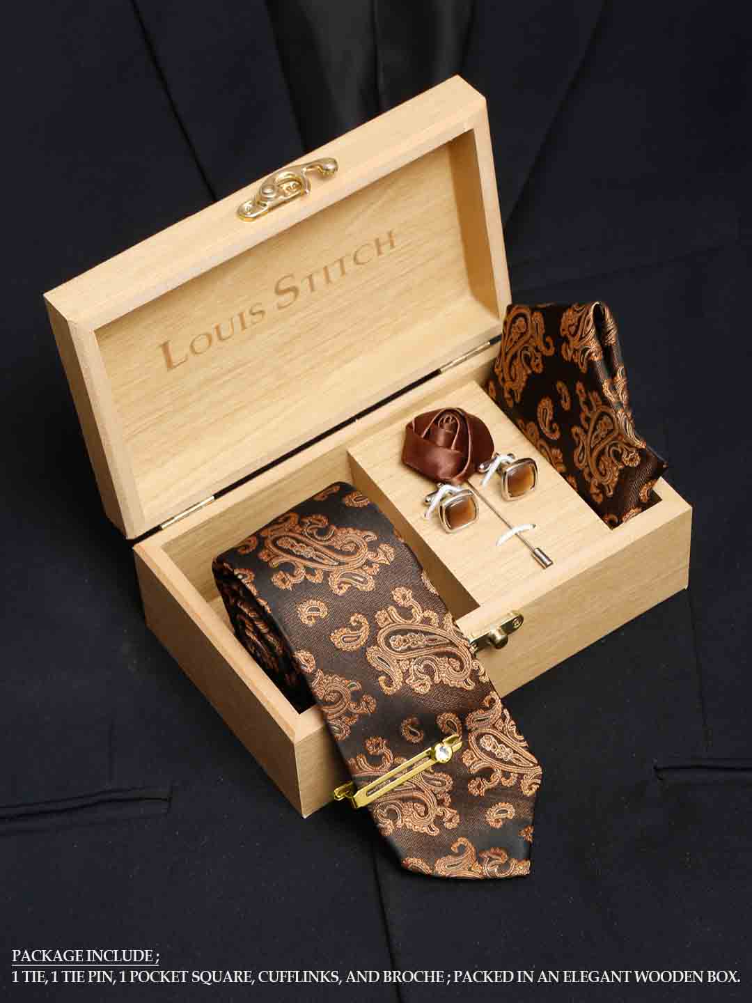 Hickory Brown Luxury Italian Silk Necktie Set With Pocket Square Cufflinks Brooch Gold Tie pin