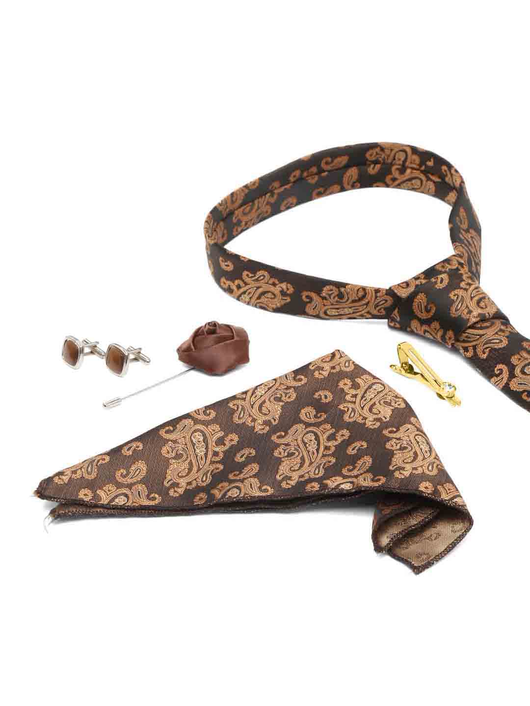 Hickory Brown Luxury Italian Silk Necktie Set With Pocket Square Cufflinks Brooch Gold Tie pin