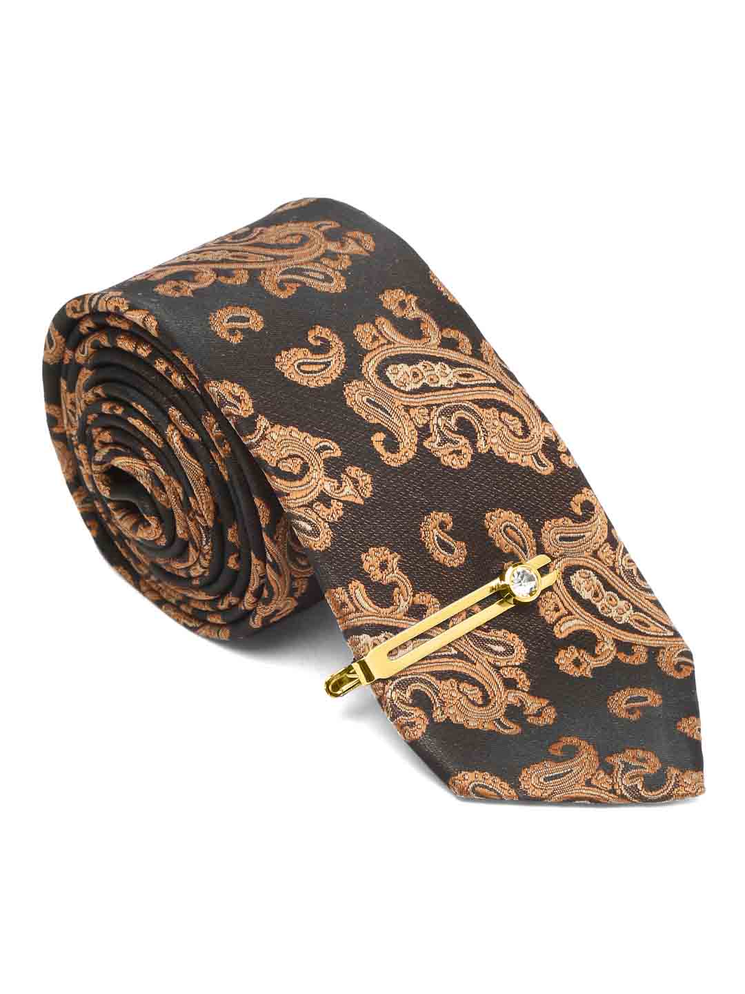 Hickory Brown Luxury Italian Silk Necktie Set With Pocket Square Cufflinks Brooch Gold Tie pin