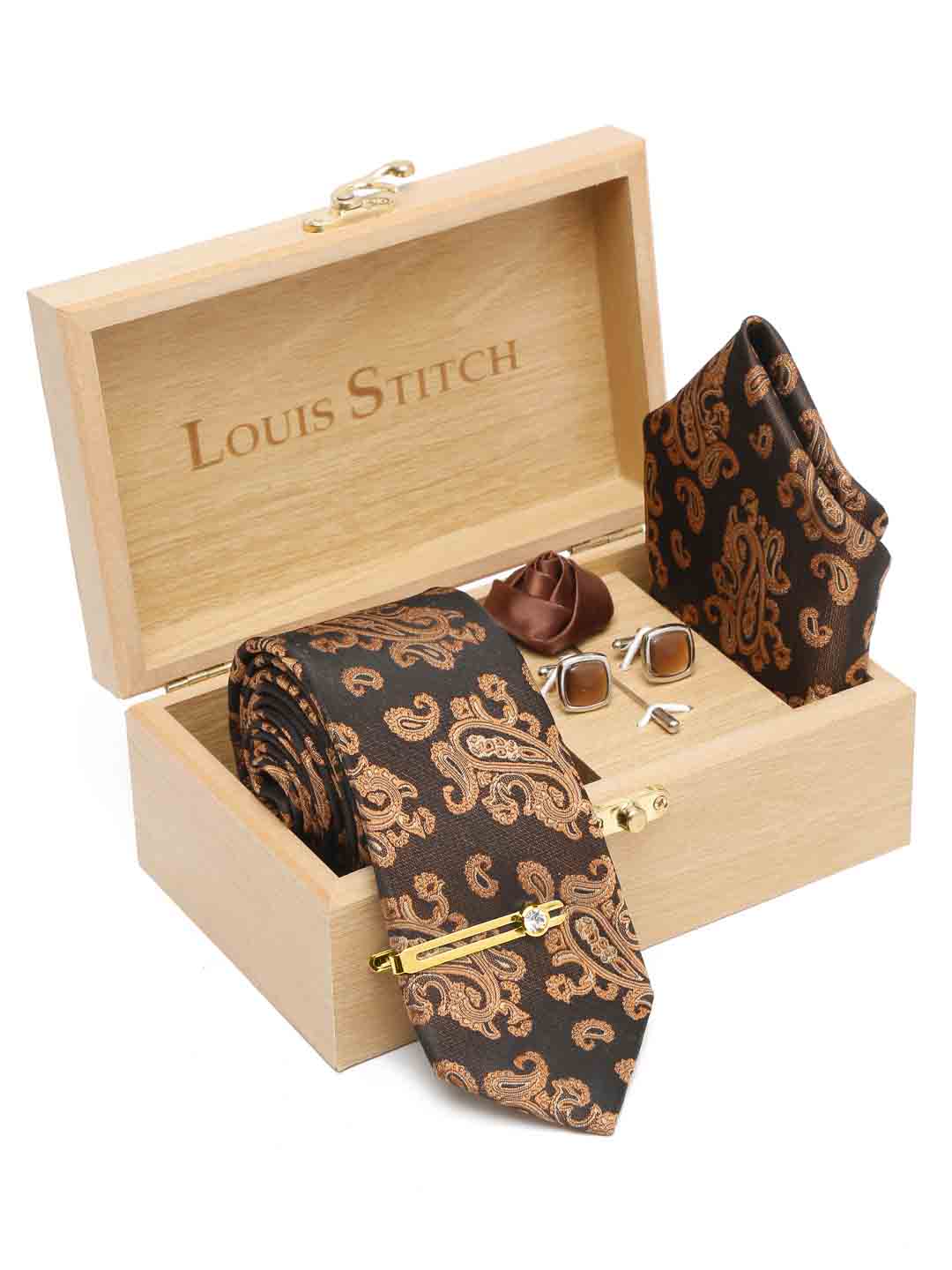 Hickory Brown Luxury Italian Silk Necktie Set With Pocket Square Cufflinks Brooch Gold Tie pin