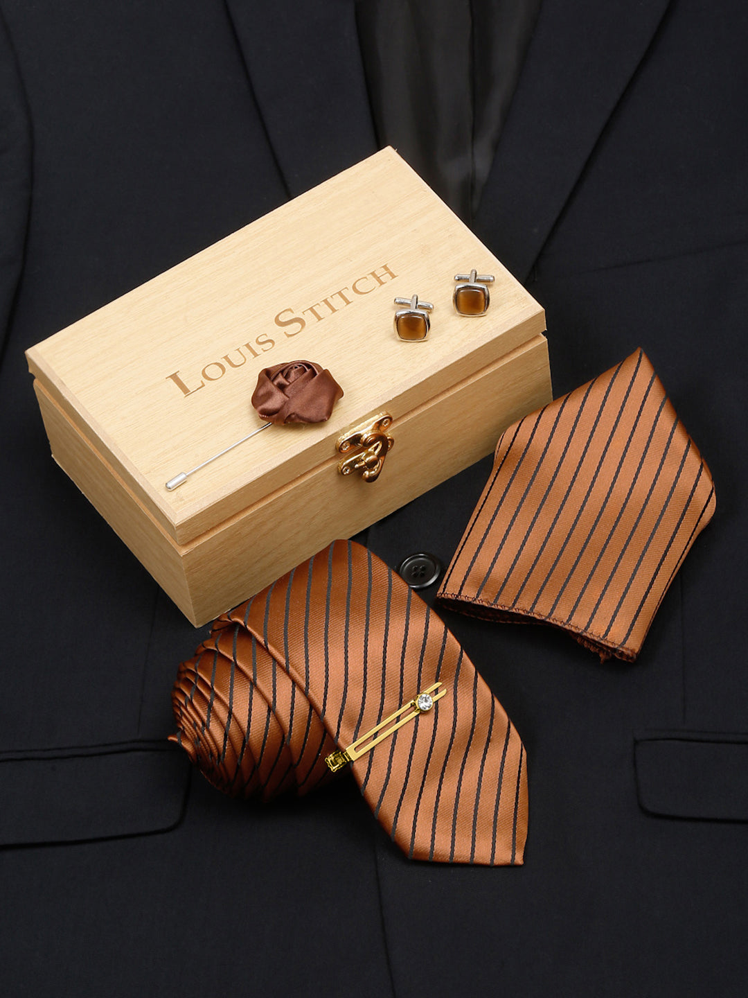 Copper Brown Italian Silk Necktie Set Pocket Square Golden Tiepin cufflinks and Brooch