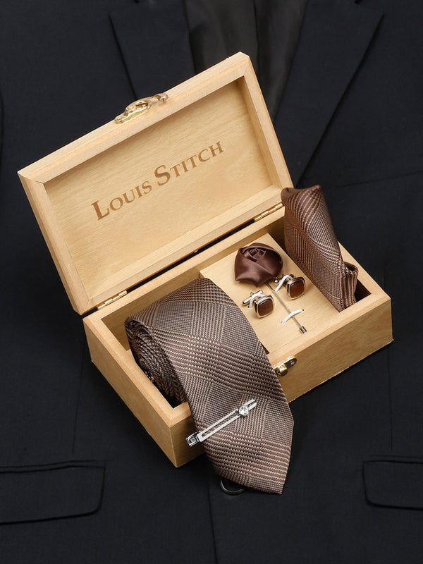 Maple Brown Italian Silk Necktie Set Pocket Square Chrome Tiepin cufflinks and Brooch