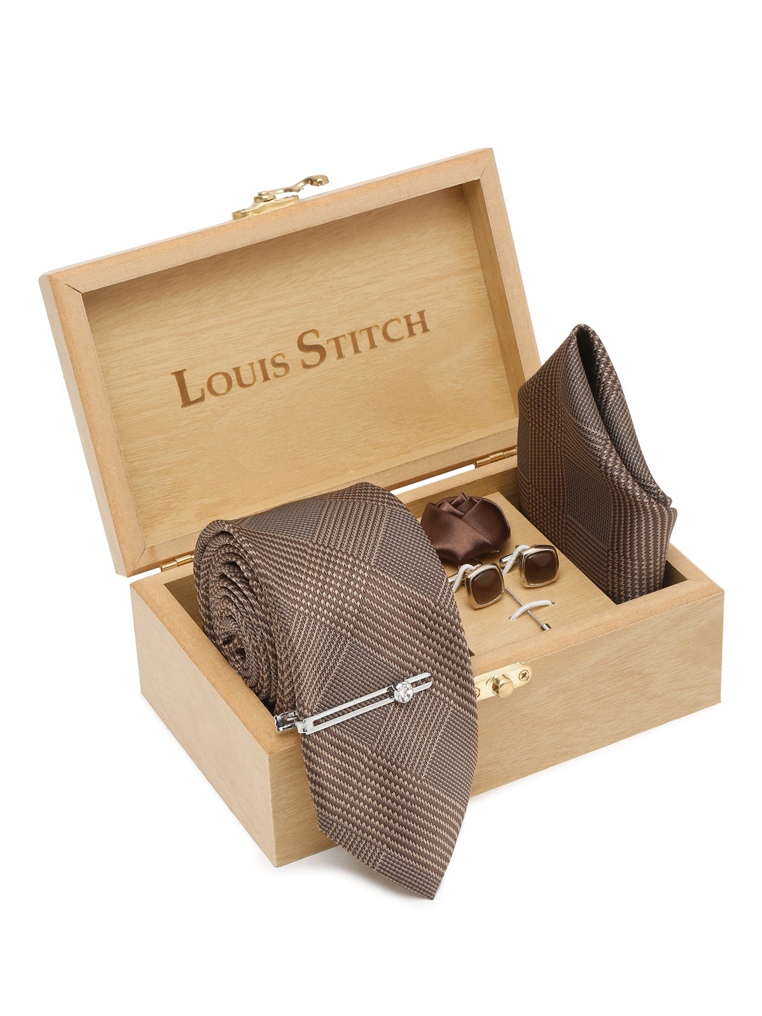 Maple Brown Italian Silk Necktie Set Pocket Square Chrome Tiepin cufflinks and Brooch