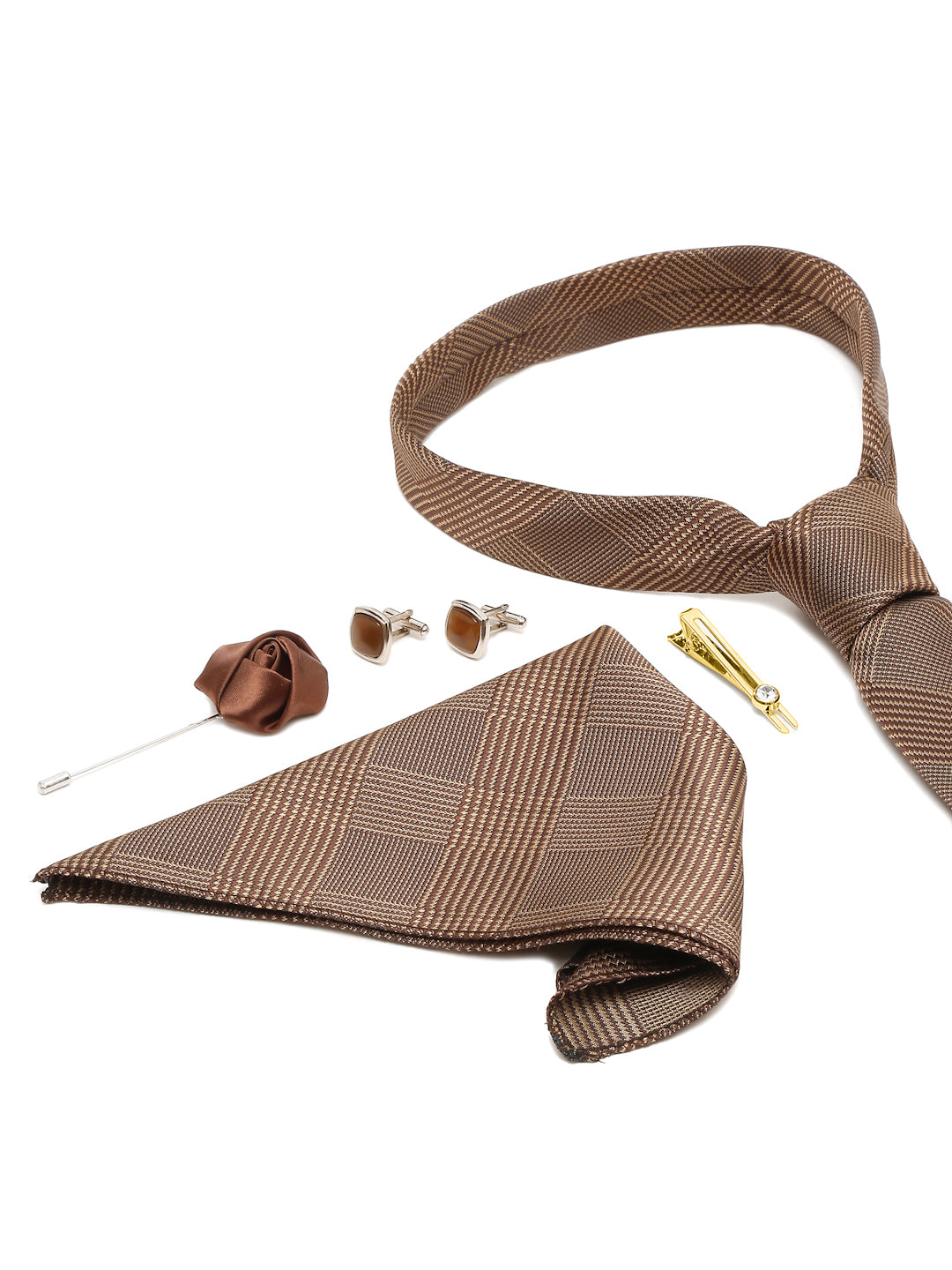 Maple Brown Italian Silk Necktie Set Pocket Square Golden Tiepin cufflinks and Brooch