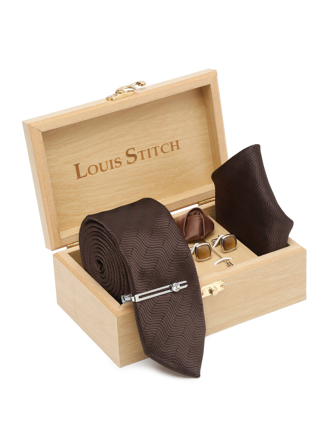Van Dyke Brown Italian Silk Necktie Set Pocket Square Chrome Tiepin cufflinks and Brooch