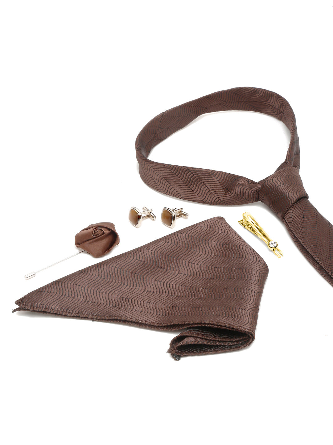 Van Dyke Brown Italian Silk Necktie Set Pocket Square Golden Tiepin cufflinks and Brooch