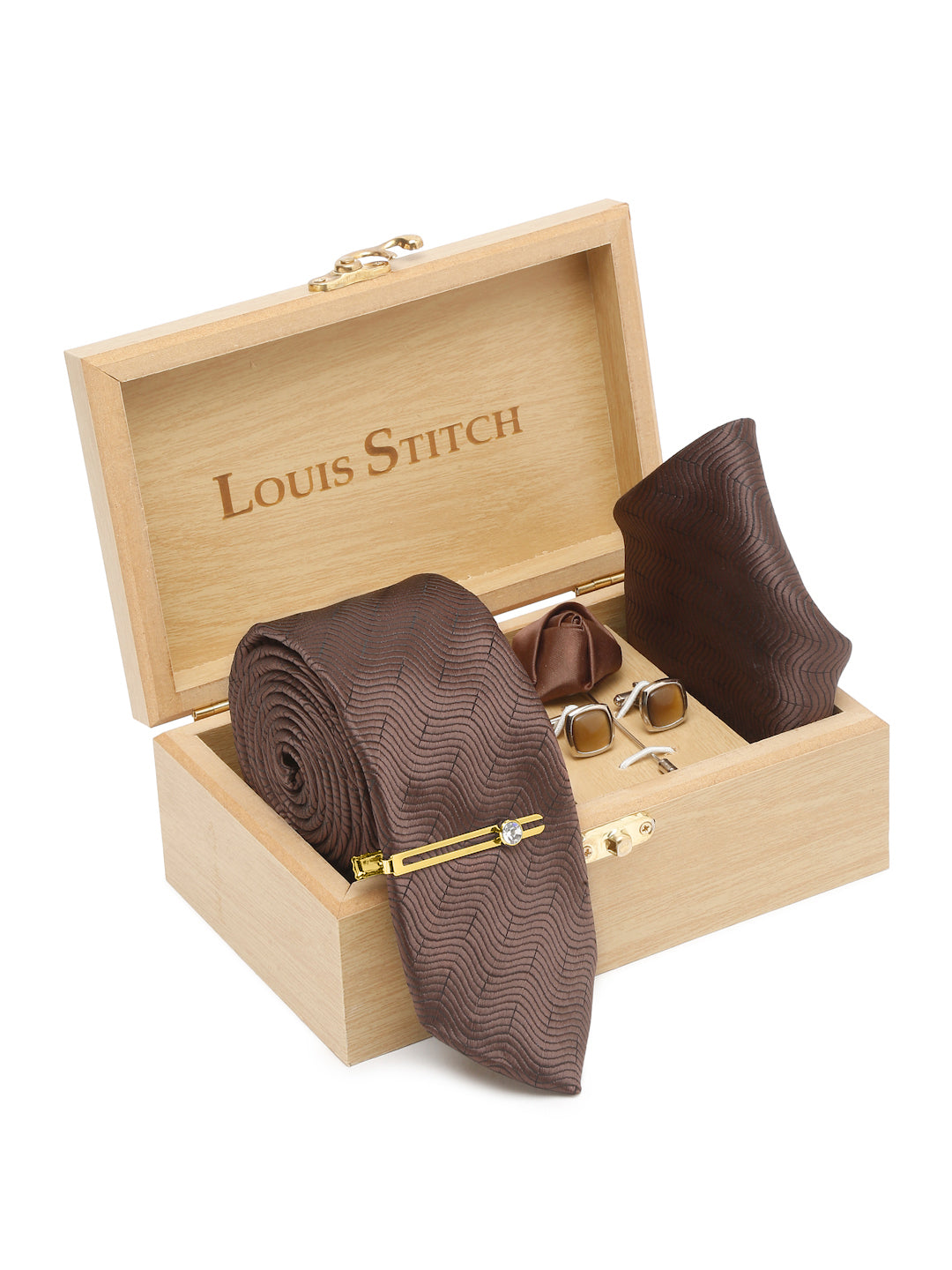 Van Dyke Brown Italian Silk Necktie Set Pocket Square Golden Tiepin cufflinks and Brooch