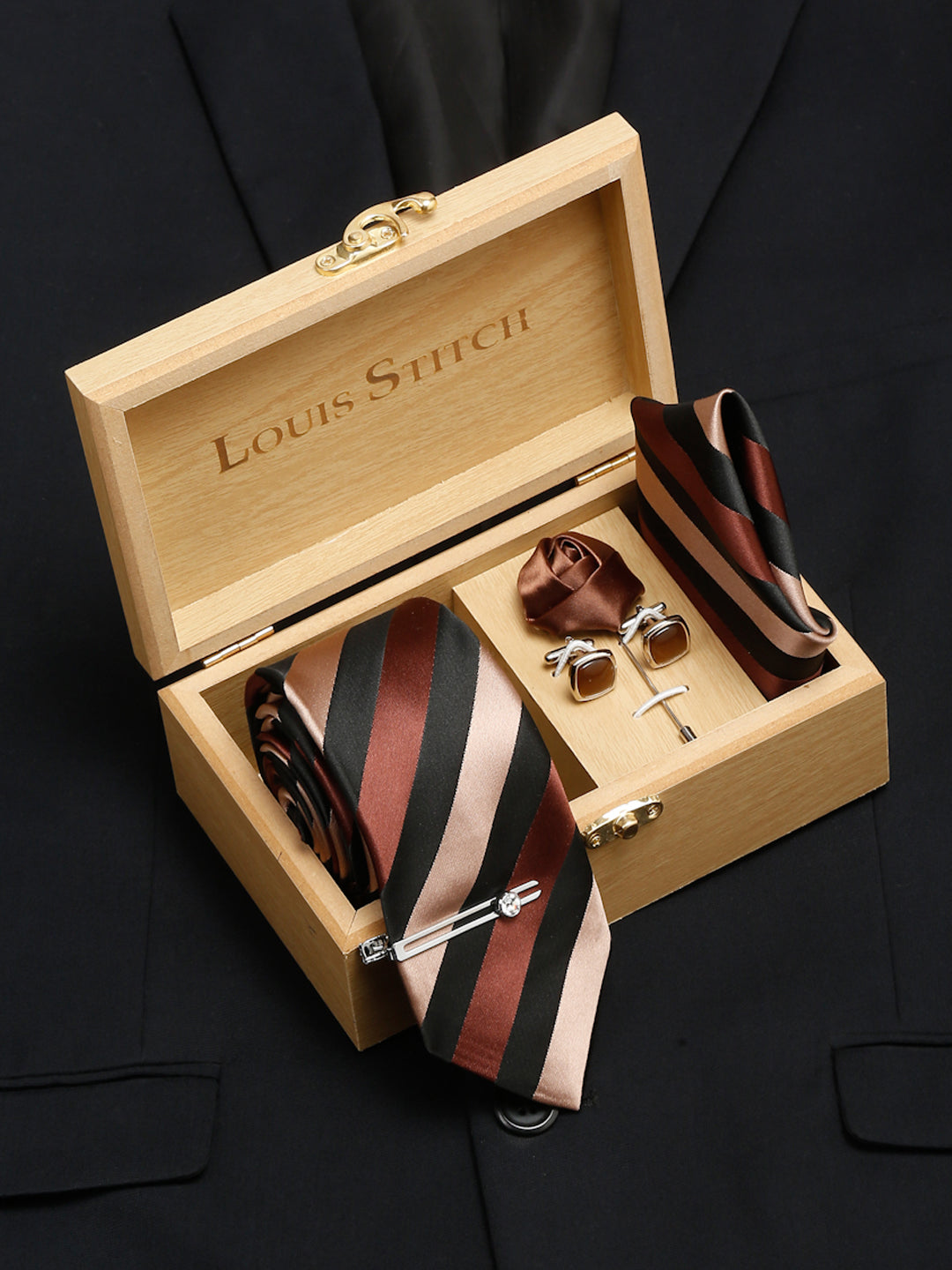 Striped Suave Beige Brown and Black Italian Silk Necktie Set Pocket Square Chrome Tiepin cufflinks and Brooch