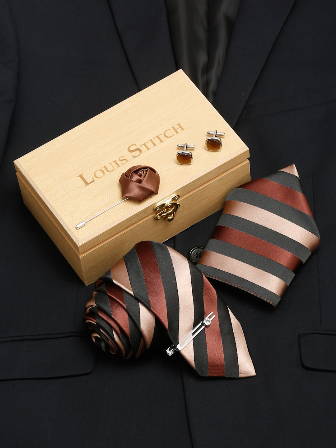 Striped Suave Beige Brown and Black Italian Silk Necktie Set Pocket Square Chrome Tiepin cufflinks and Brooch