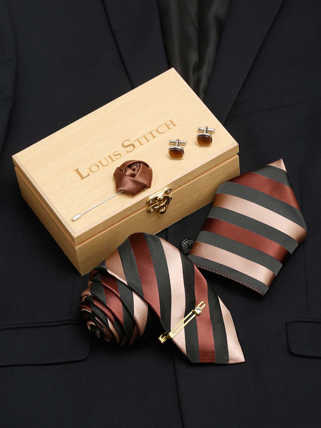 Striped Suave Beige Brown and Black Italian Silk Necktie Set Pocket Square Golden Tiepin cufflinks and Brooch