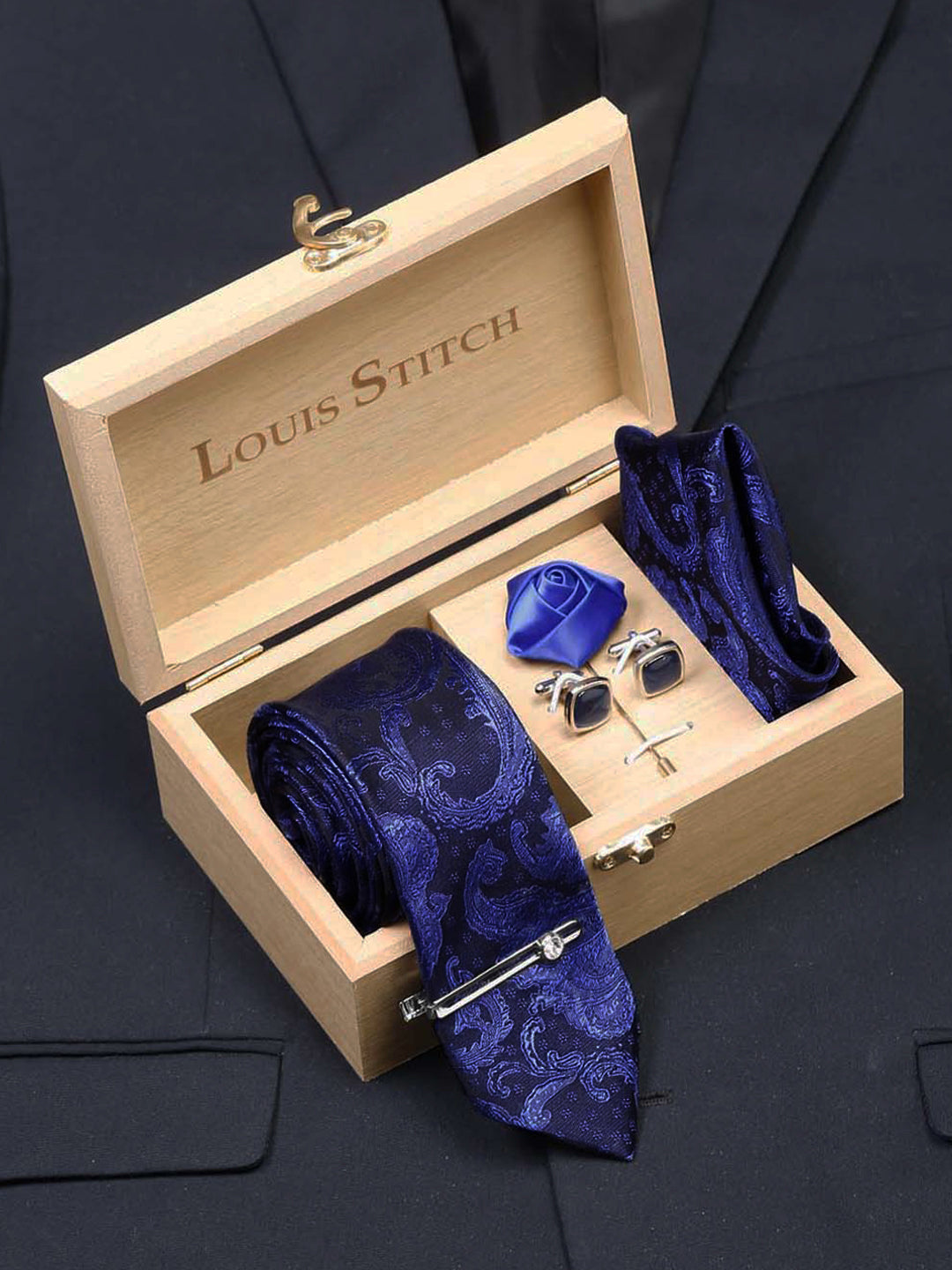Royal Blue Luxury Italian Silk Necktie Set With Pocket Square Cufflinks Brooch Chrome Tie pin