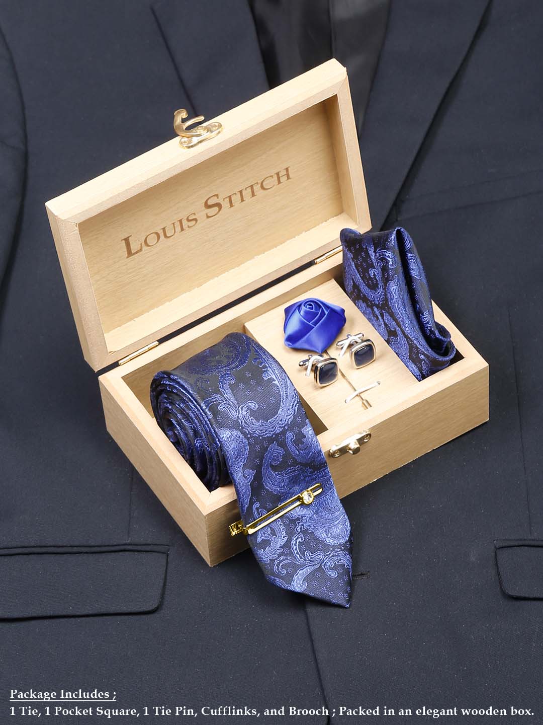 Royal Blue Luxury Italian Silk Necktie Set With Pocket Square Cufflinks Brooch Gold Tie pin