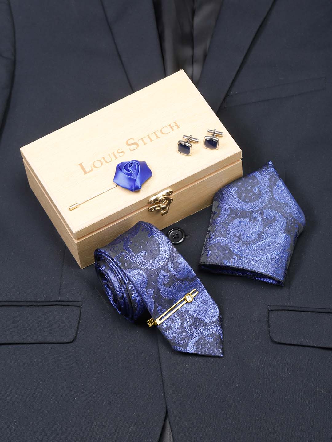 Royal Blue Luxury Italian Silk Necktie Set With Pocket Square Cufflinks Brooch Gold Tie pin