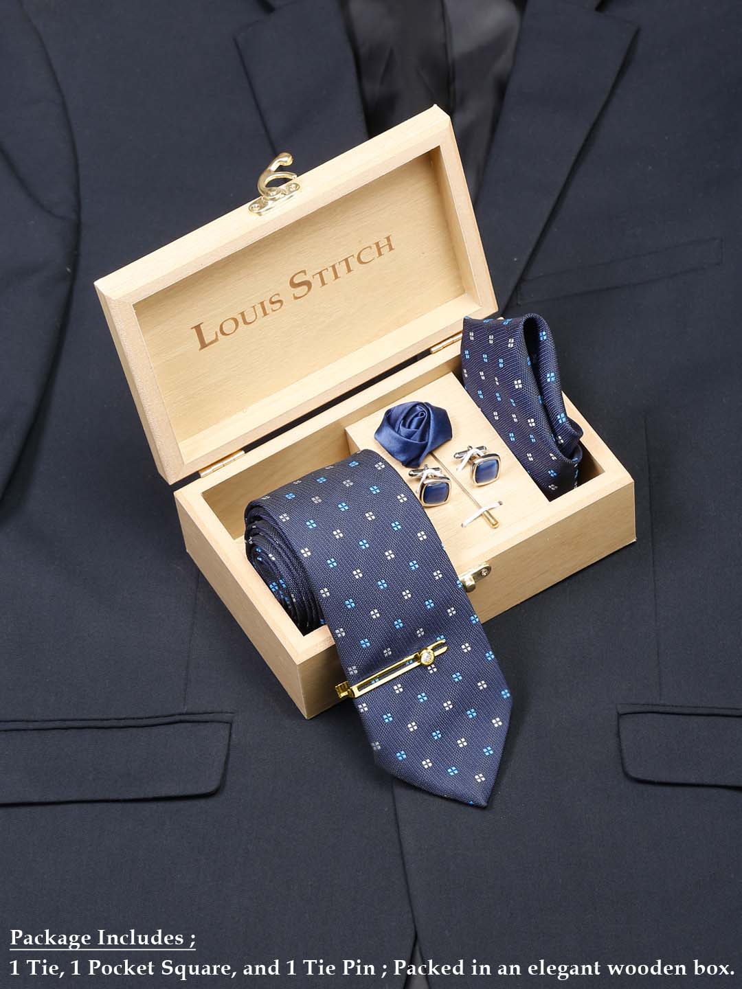 Floaral Printed Blue Luxury Italian Silk Necktie Set With Pocket Square Cufflinks Brooch Gold Tie pin