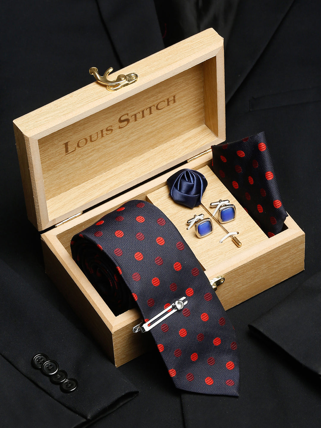 Polka Blue Luxury Italian Silk Necktie Set With Pocket Square Cufflinks Brooch Chrome Tie pin