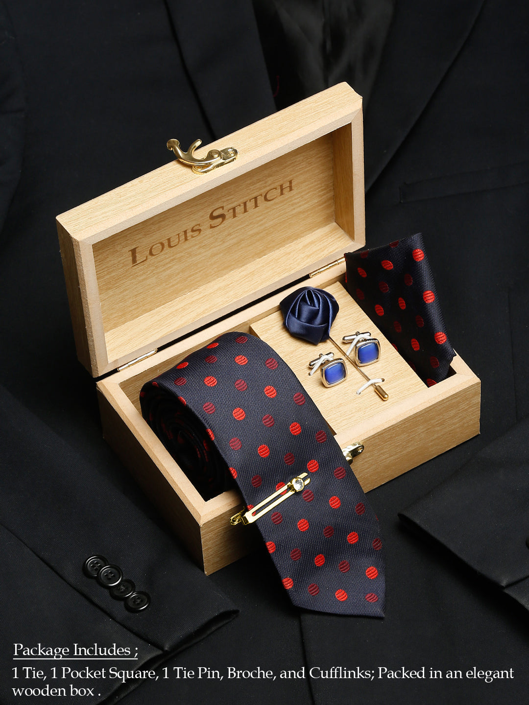 Polka Blue Luxury Italian Silk Necktie Set With Pocket Square Cufflinks Brooch Gold Tie pin