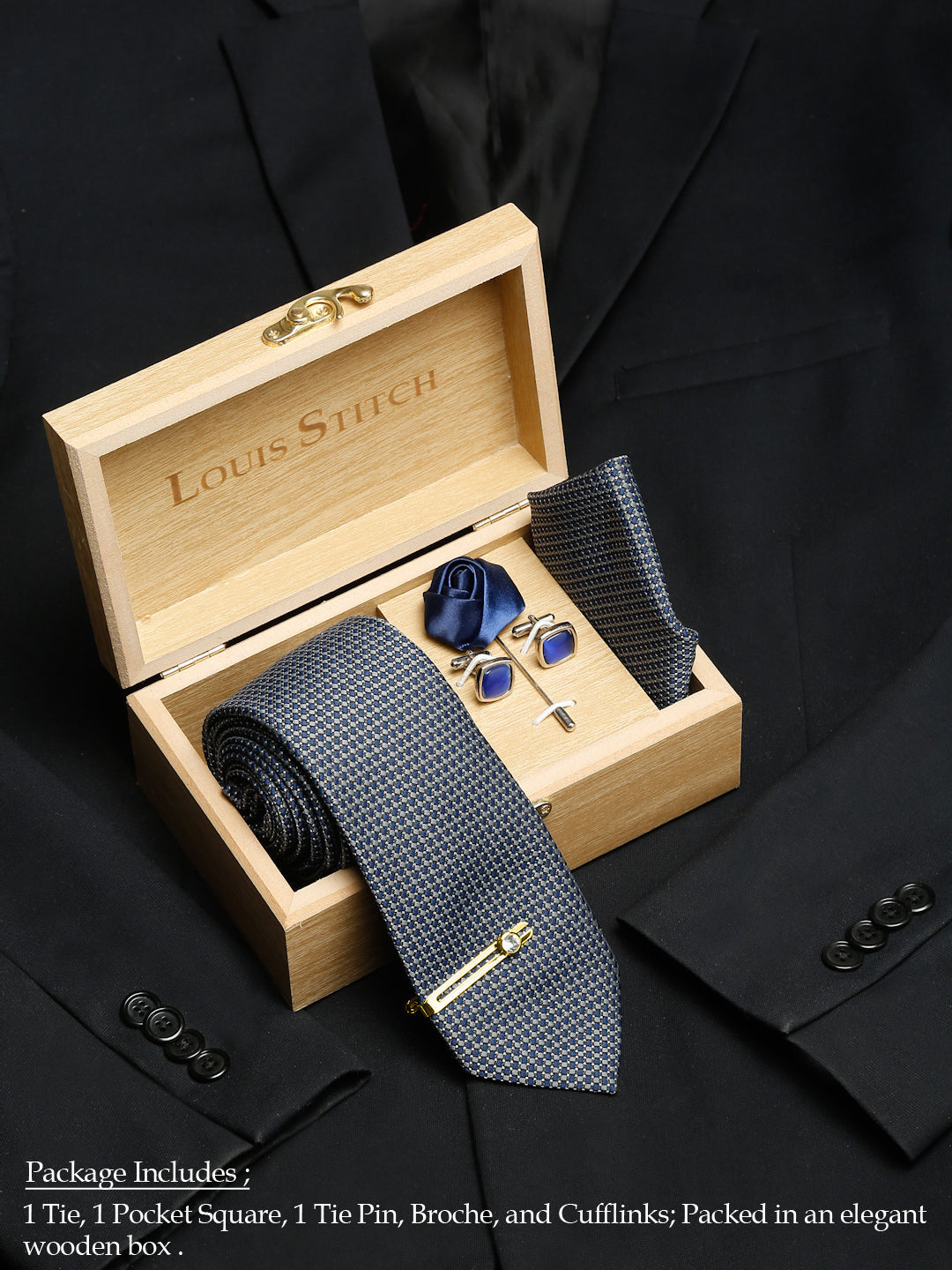 Blue Checkerd Luxury Italian Silk Necktie Set With Pocket Square Cufflinks Brooch Gold Tie pin