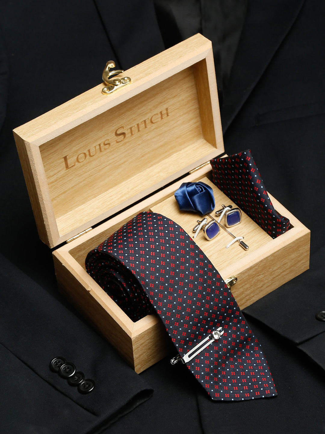 Blue Dotted Pattern Luxury Italian Silk Necktie Set With Pocket Square Cufflinks Brooch Chrome Tie pin