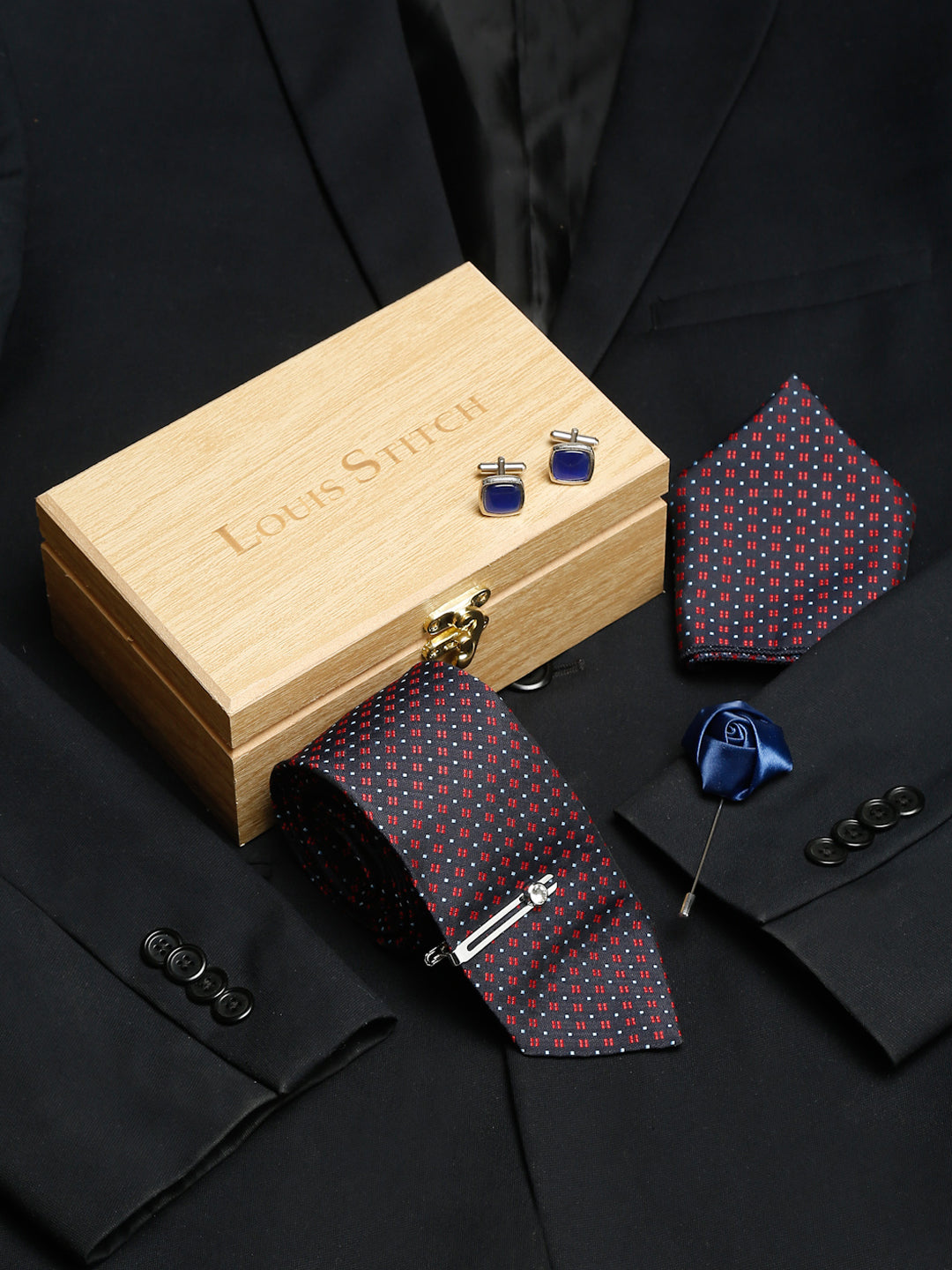Blue Dotted Pattern Luxury Italian Silk Necktie Set With Pocket Square Cufflinks Brooch Chrome Tie pin