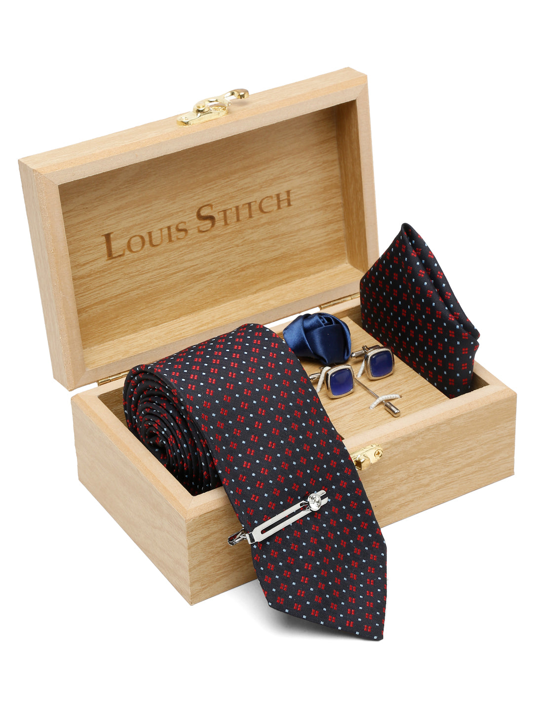Blue Dotted Pattern Luxury Italian Silk Necktie Set With Pocket Square Cufflinks Brooch Chrome Tie pin