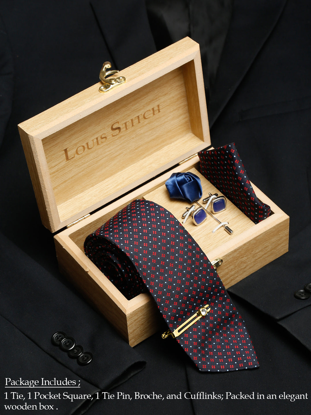 Blue Dotted Pattern Luxury Italian Silk Necktie Set With Pocket Square Cufflinks Brooch Gold Tie pin