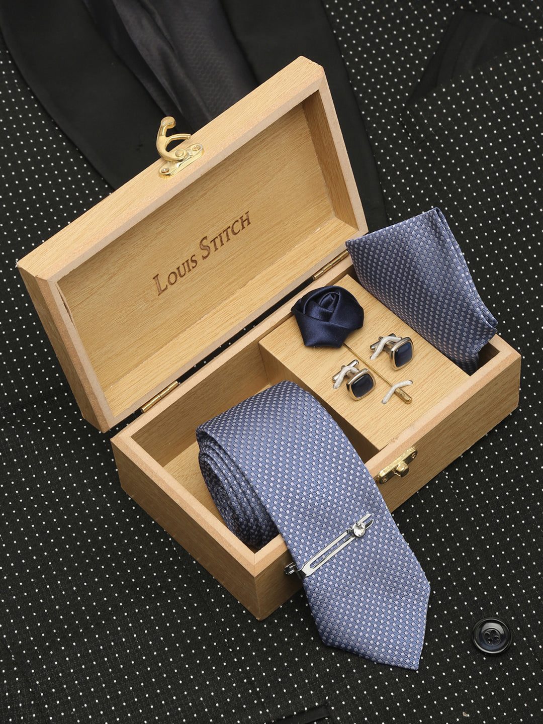 Ash Blue Luxury Italian Silk Necktie Set With Pocket Square Cufflinks Brooch Chrome Tie pin