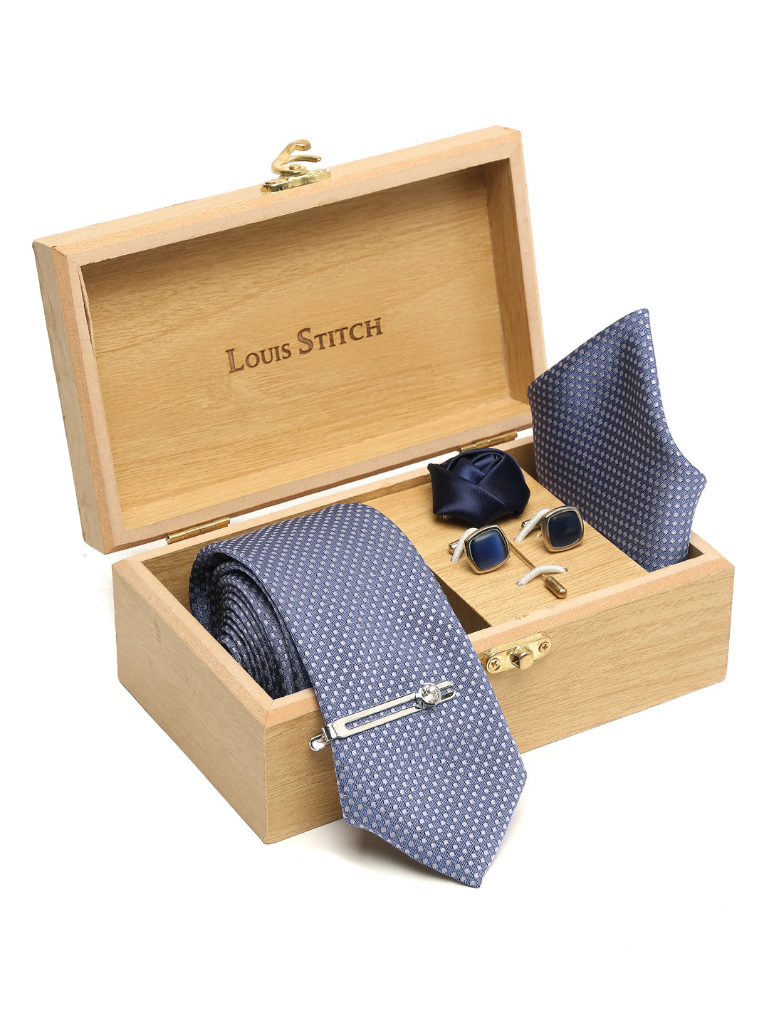 Ash Blue Luxury Italian Silk Necktie Set With Pocket Square Cufflinks Brooch Chrome Tie pin