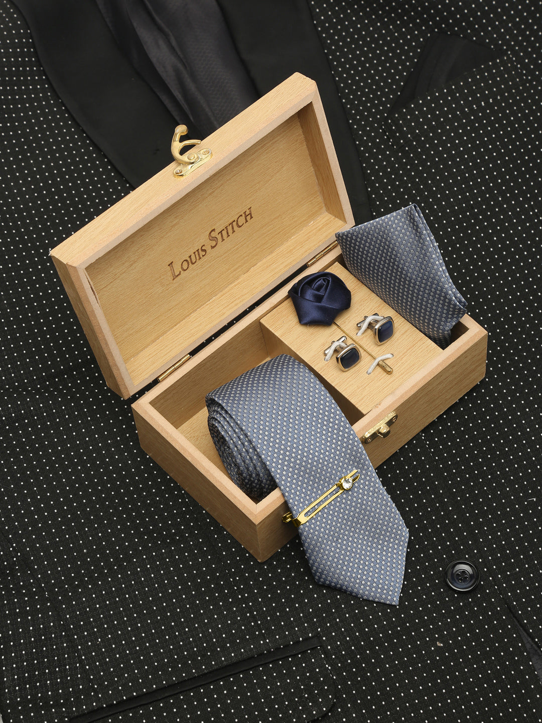 Ash Blue Luxury Italian Silk Necktie Set With Pocket Square Cufflinks Brooch Gold Tie pin
