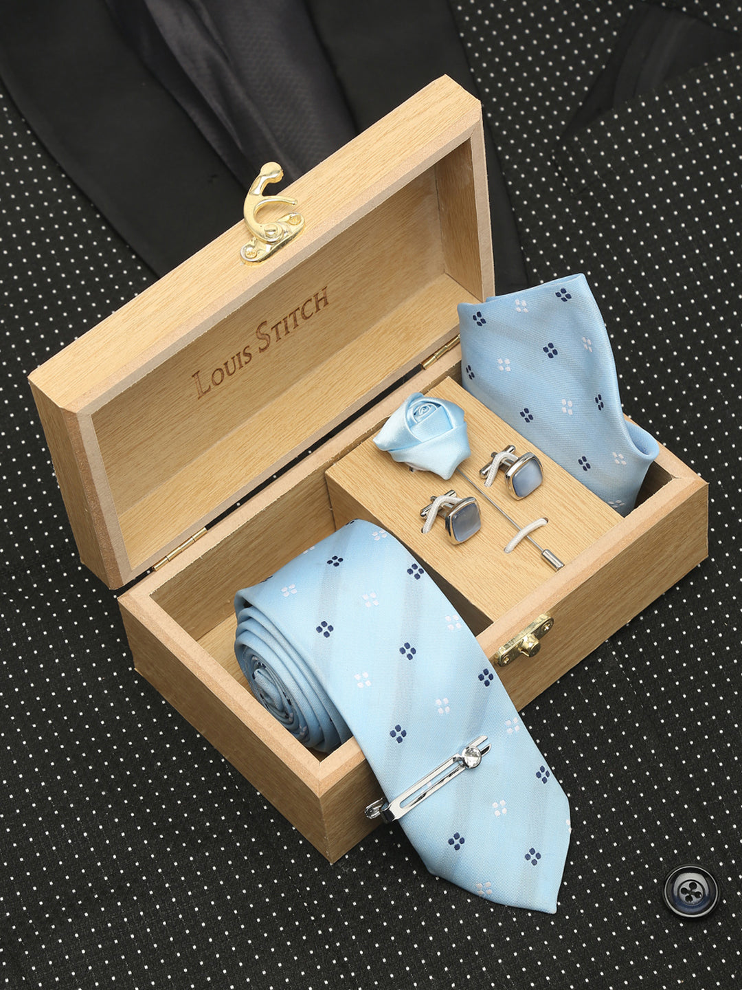 Light Printed Blue Luxury Italian Silk Necktie Set With Pocket Square Cufflinks Brooch Chrome Tie pin