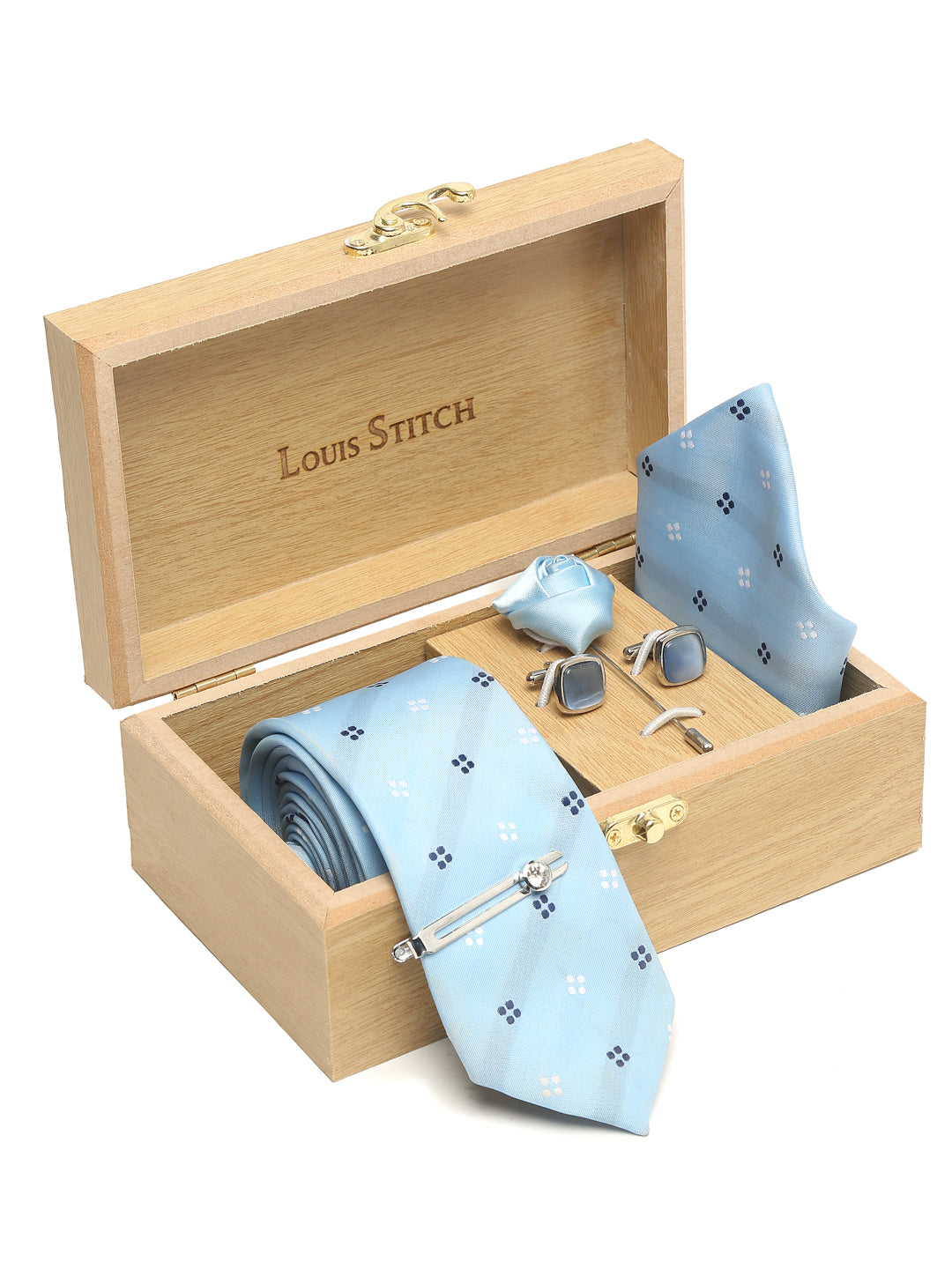 Light Printed Blue Luxury Italian Silk Necktie Set With Pocket Square Cufflinks Brooch Chrome Tie pin