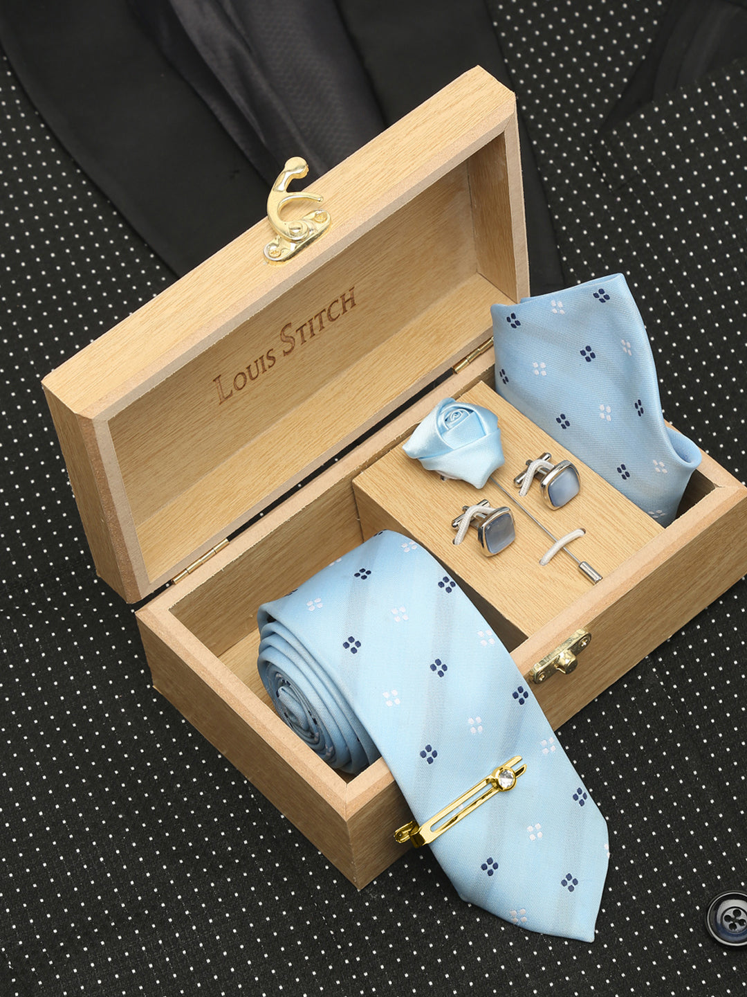 Light Printed Blue Luxury Italian Silk Necktie Set With Pocket Square Cufflinks Brooch Gold Tie pin