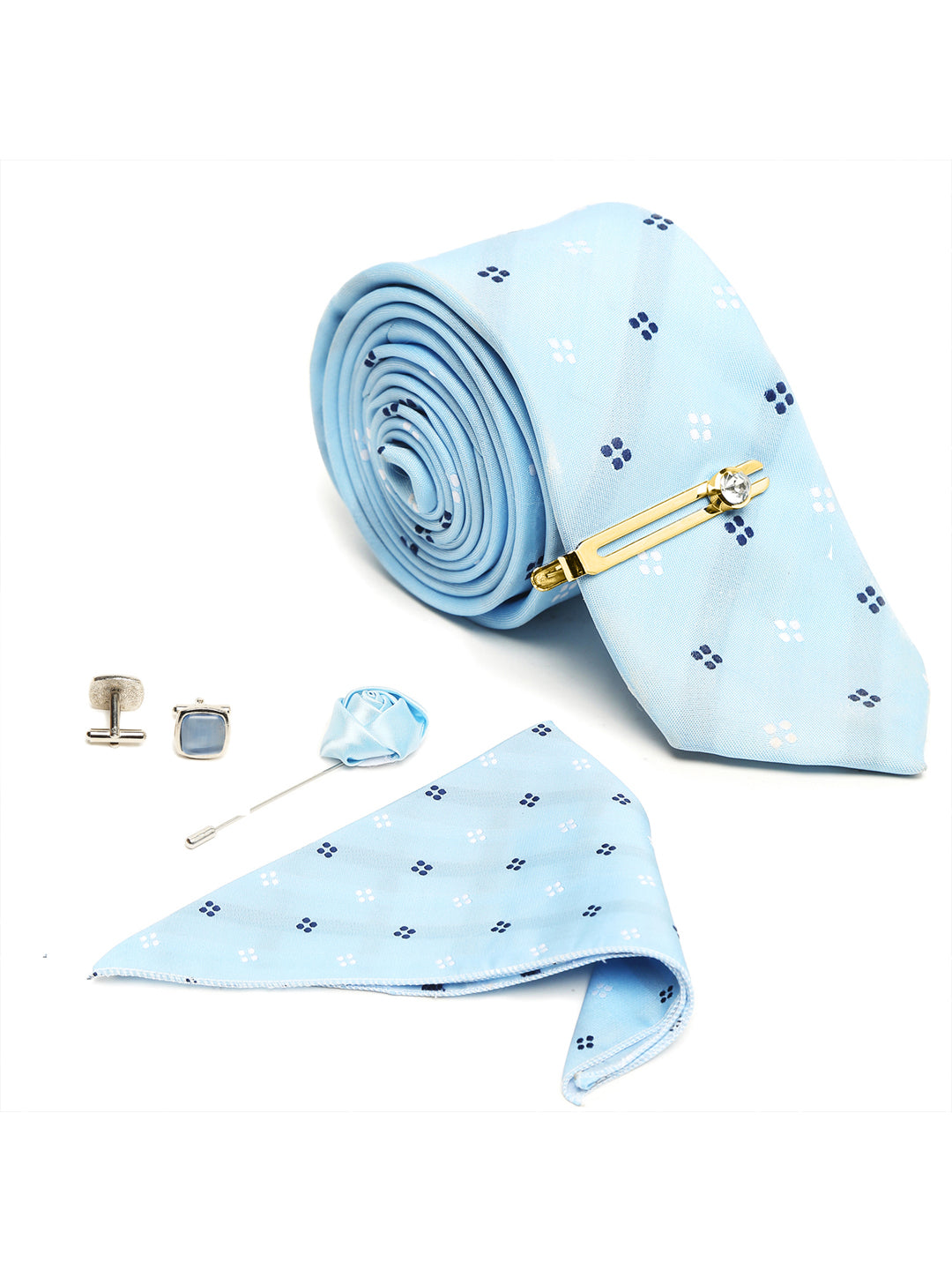 Light Printed Blue Luxury Italian Silk Necktie Set With Pocket Square Cufflinks Brooch Gold Tie pin