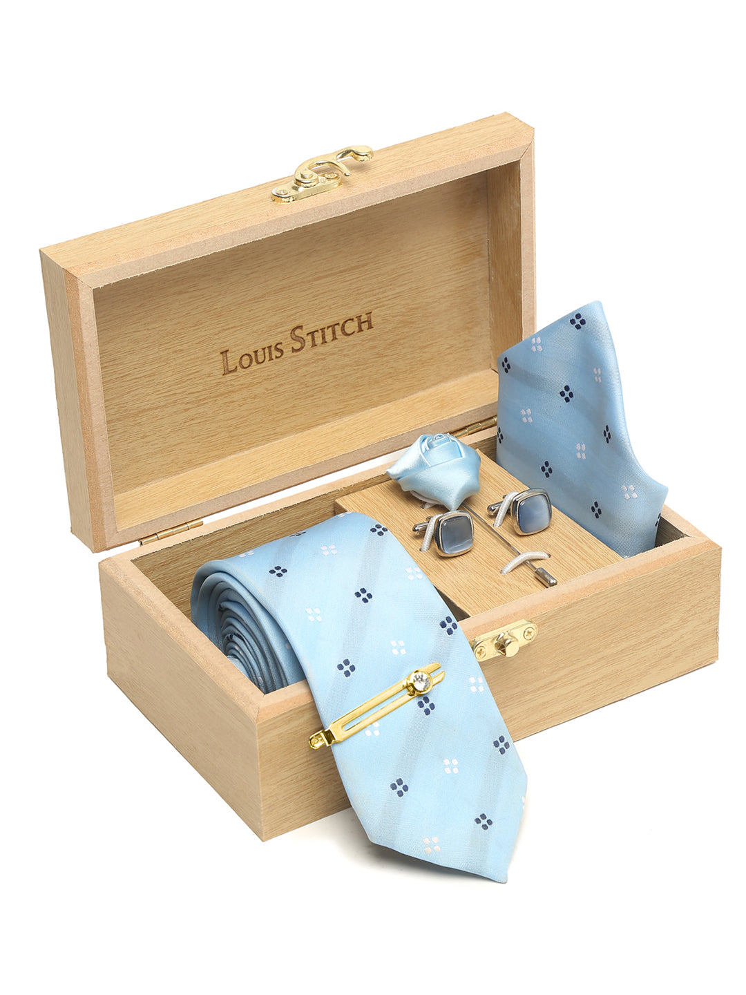 Light Printed Blue Luxury Italian Silk Necktie Set With Pocket Square Cufflinks Brooch Gold Tie pin