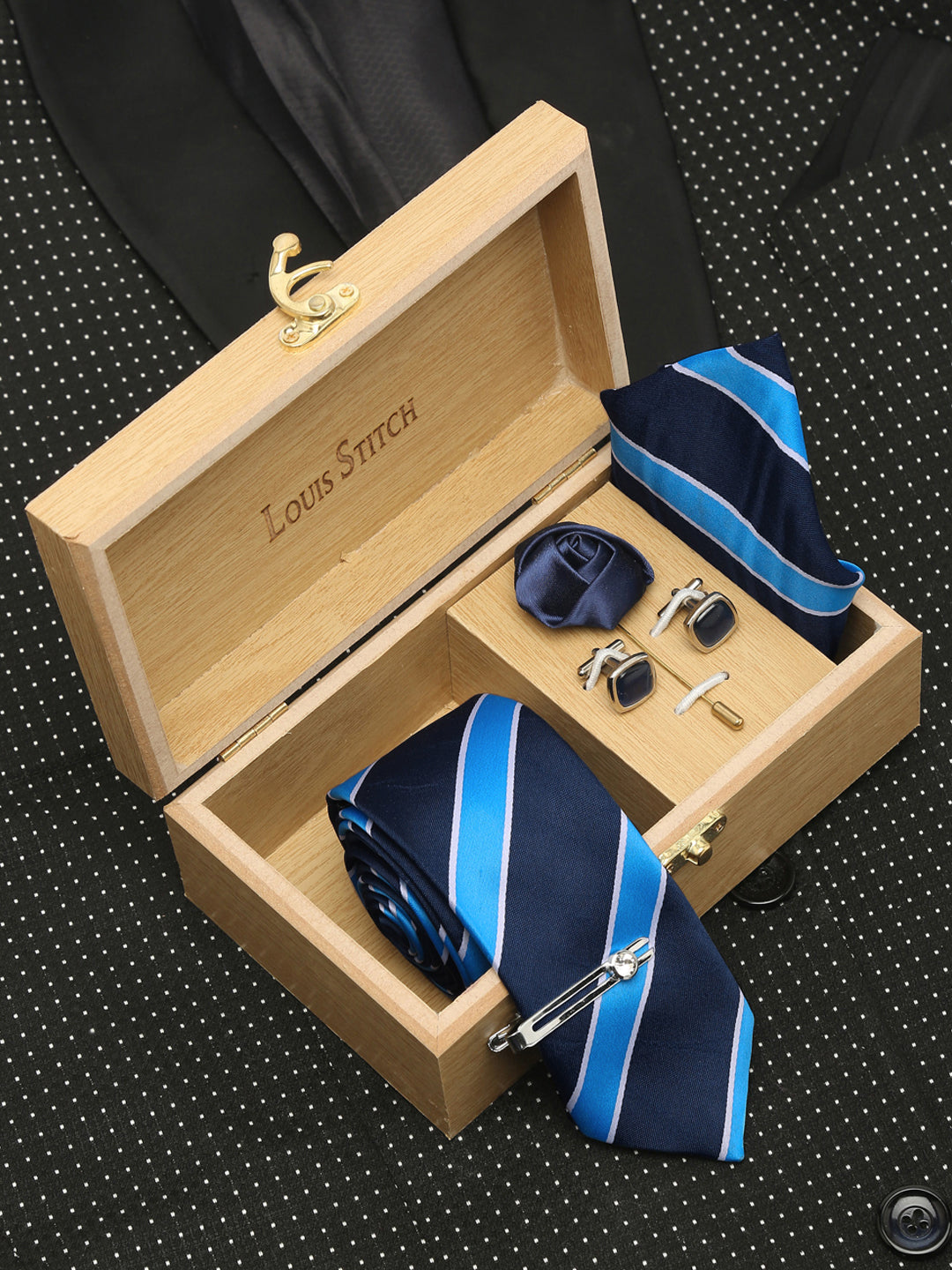 Polka Bright Blue Luxury Italian Silk Necktie Set With Pocket Square Cufflinks Brooch Chrome Tie pin