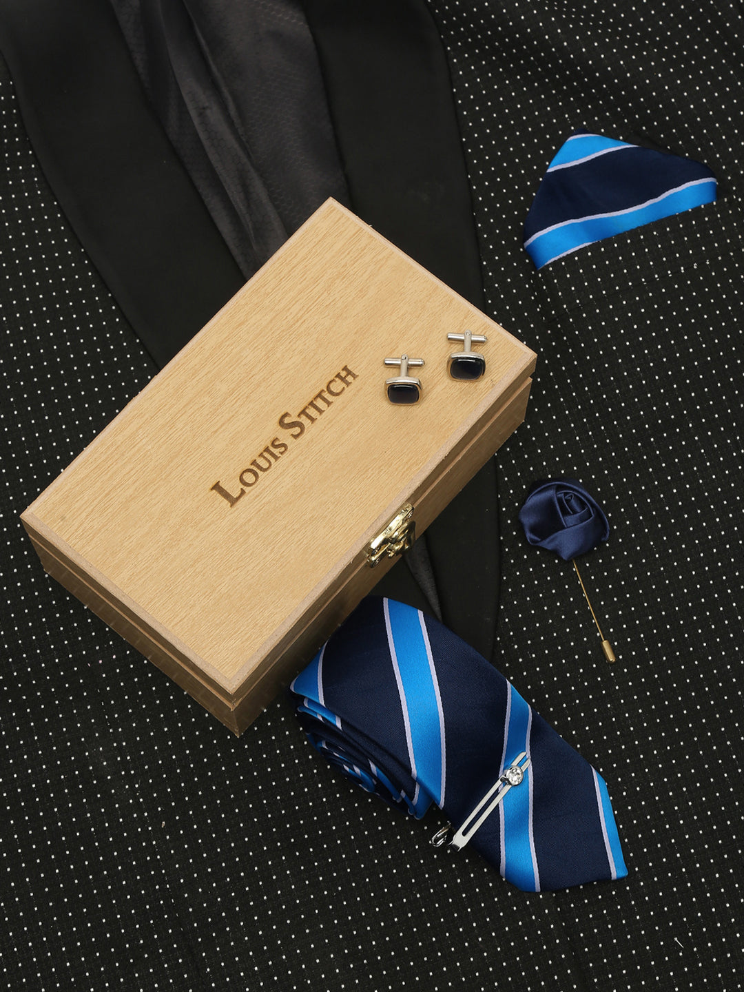 Polka Bright Blue Luxury Italian Silk Necktie Set With Pocket Square Cufflinks Brooch Chrome Tie pin