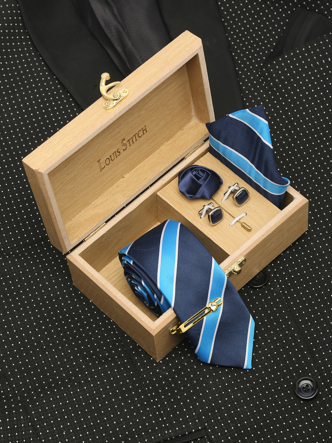 Polka Bright Blue Luxury Italian Silk Necktie Set With Pocket Square Cufflinks Brooch Gold Tie pin