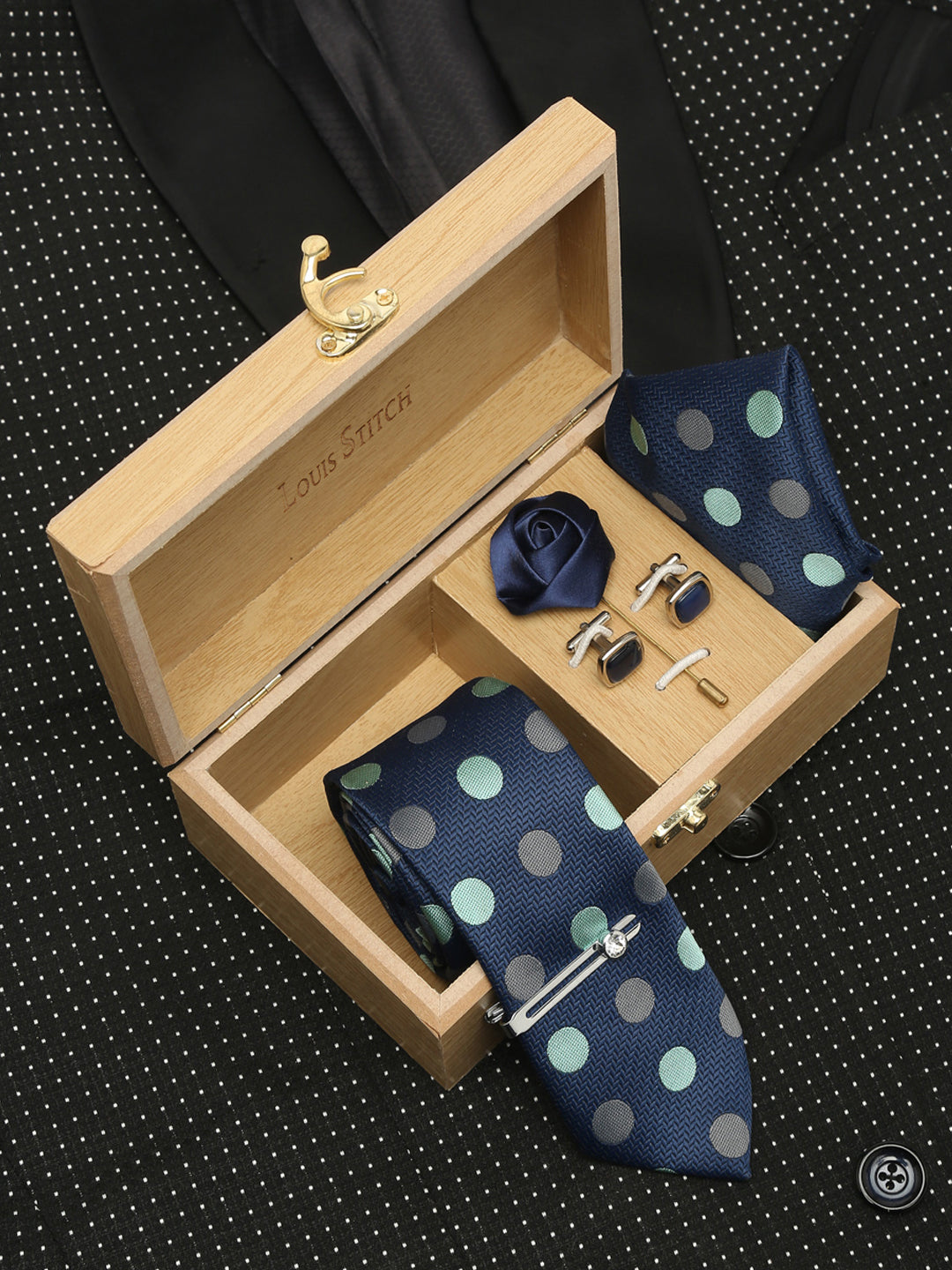Polka Dotted Blue Luxury Italian Silk Necktie Set With Pocket Square Cufflinks Brooch Chrome Tie pin
