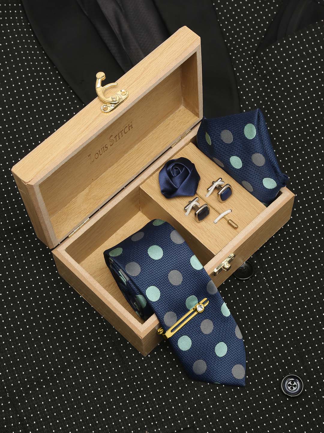 Polka Dotted Blue Luxury Italian Silk Necktie Set With Pocket Square Cufflinks Brooch Gold Tie pin