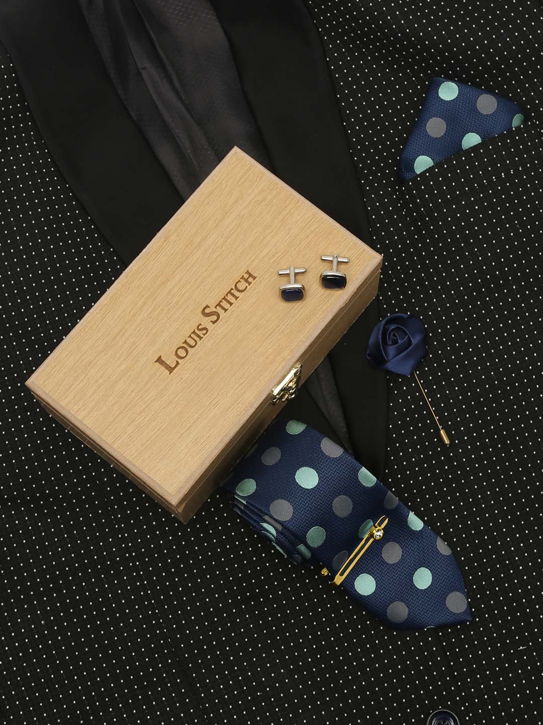 Polka Dotted Blue Luxury Italian Silk Necktie Set With Pocket Square Cufflinks Brooch Gold Tie pin