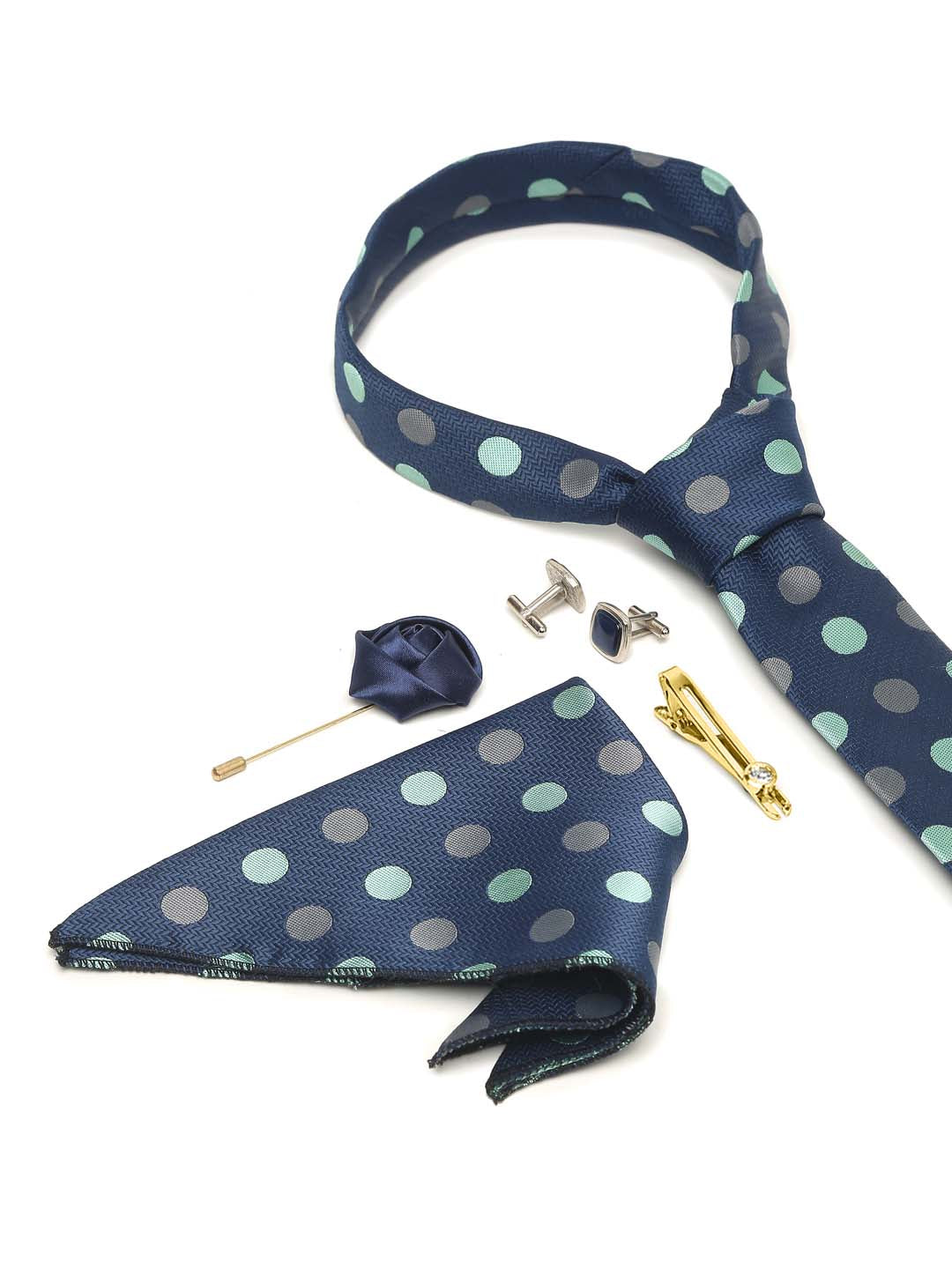 Polka Dotted Blue Luxury Italian Silk Necktie Set With Pocket Square Cufflinks Brooch Gold Tie pin
