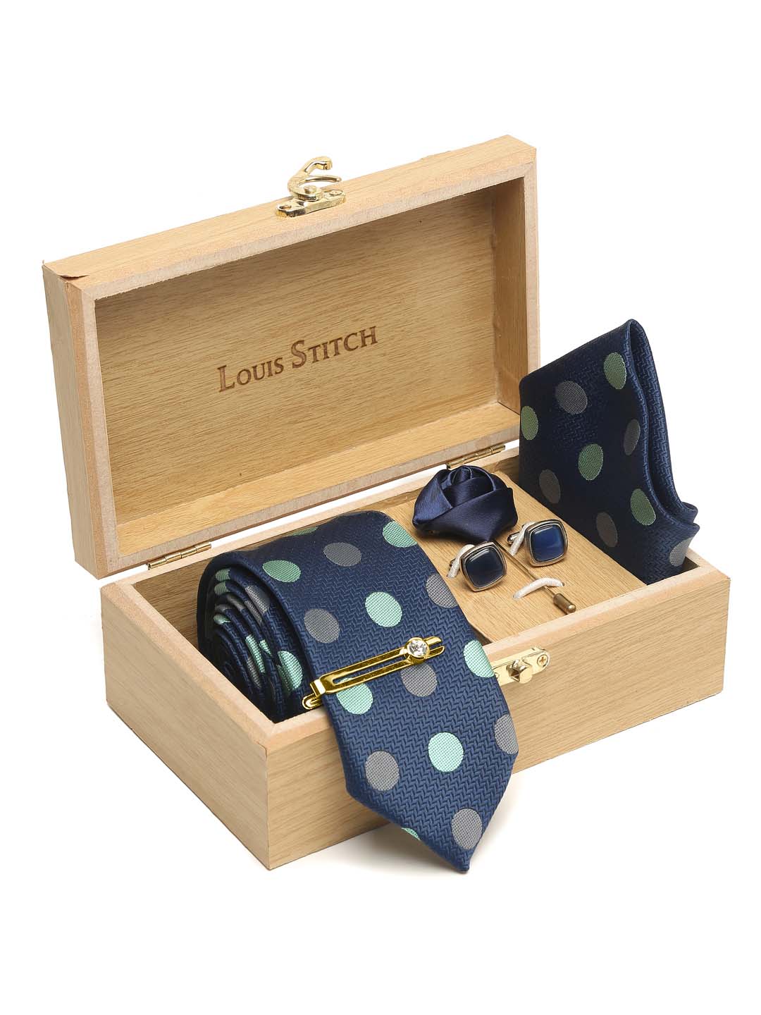 Polka Dotted Blue Luxury Italian Silk Necktie Set With Pocket Square Cufflinks Brooch Gold Tie pin
