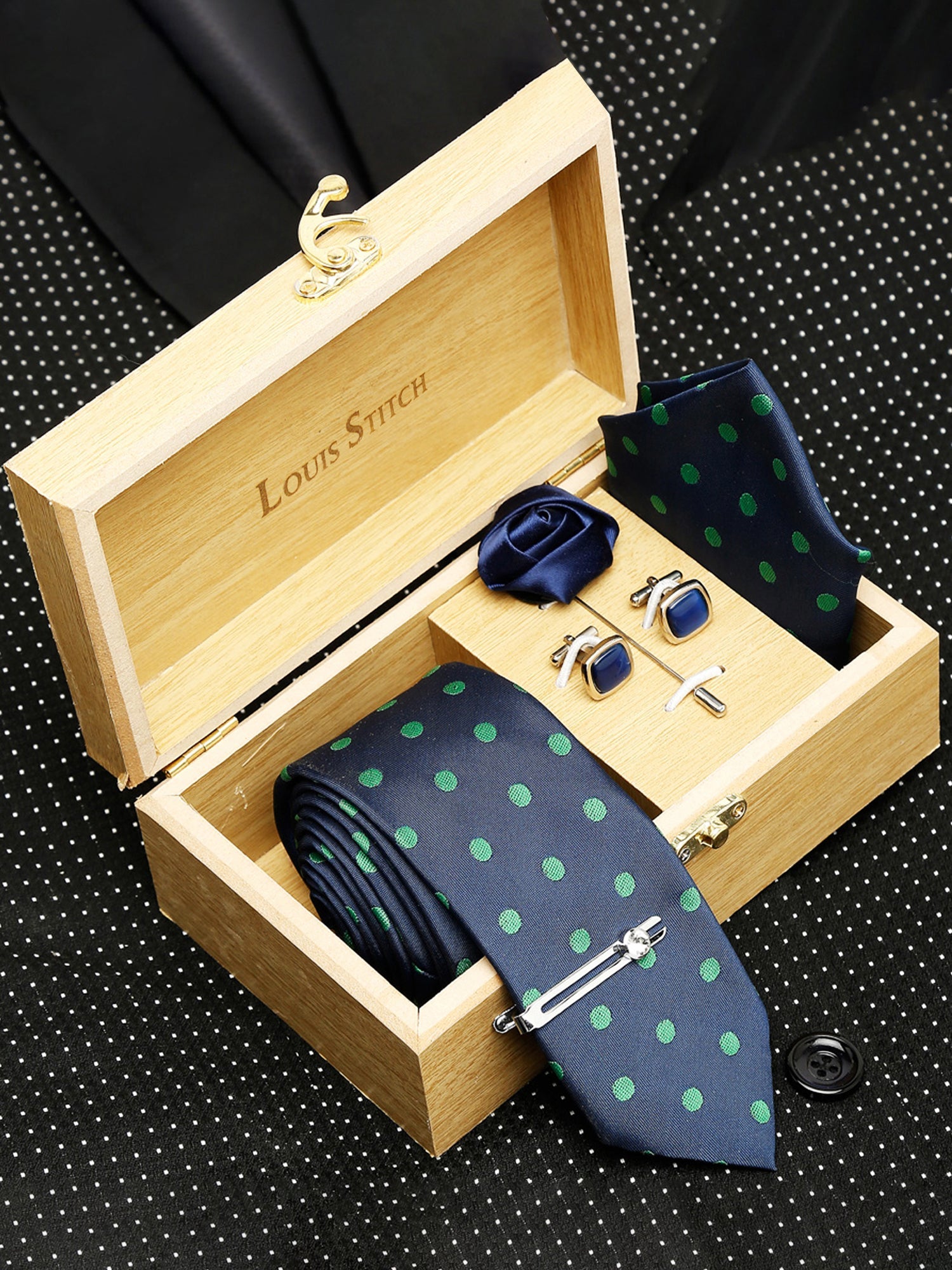 Polka Dot Blue Luxury Italian Silk Necktie Set With Pocket Square Cufflinks Brooch Chrome Tie pin