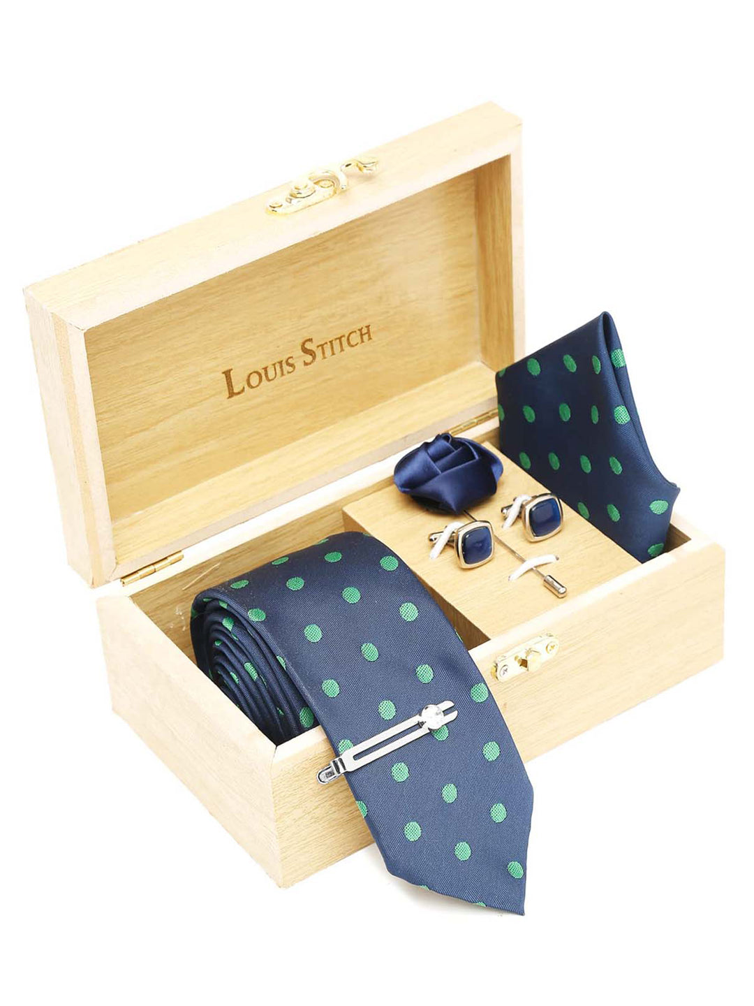 Polka Dot Blue Luxury Italian Silk Necktie Set With Pocket Square Cufflinks Brooch Chrome Tie pin