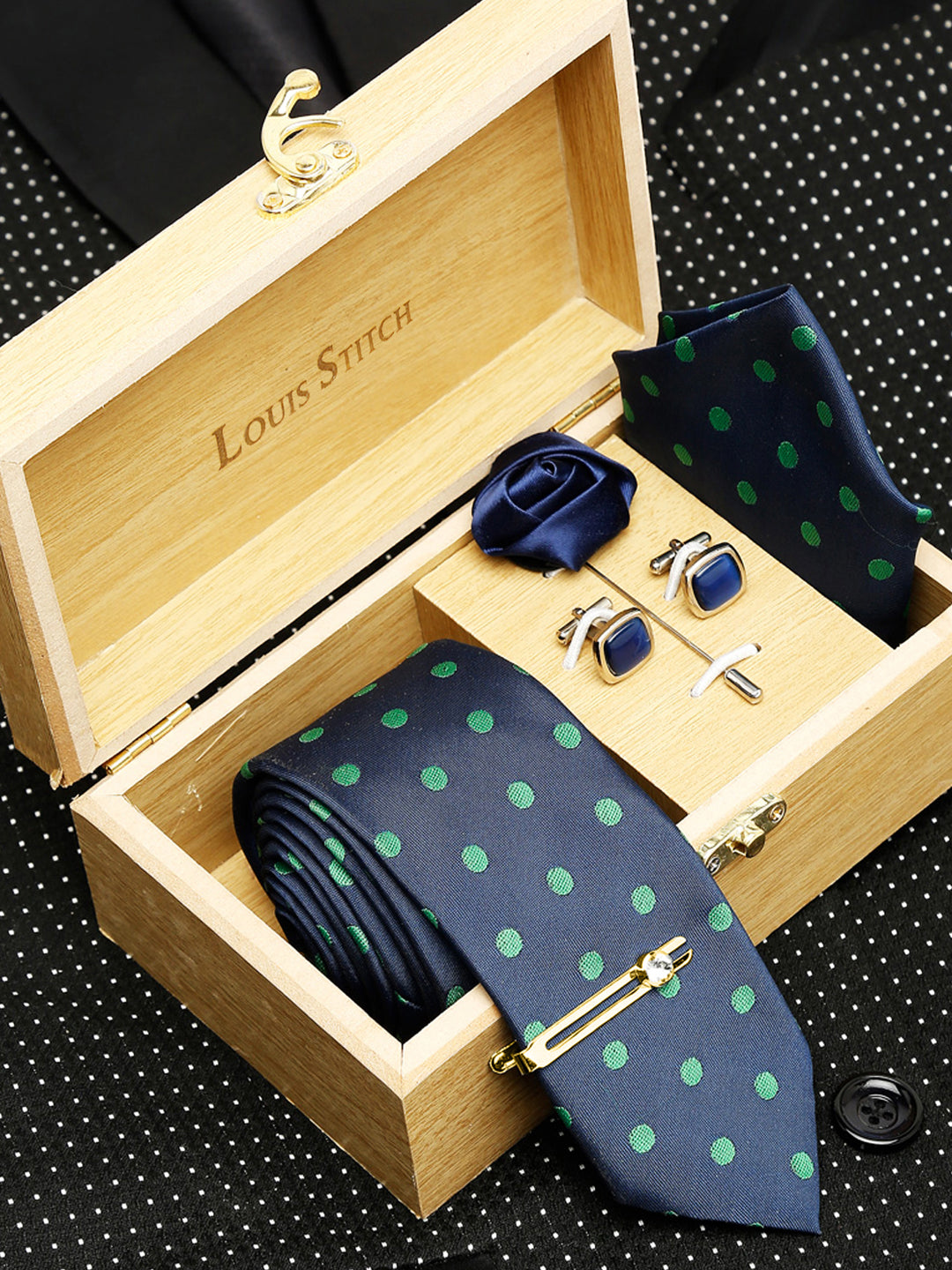 Polka Dot Blue Luxury Italian Silk Necktie Set With Pocket Square Cufflinks Brooch Gold Tie pin