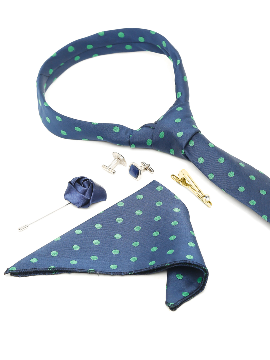Polka Dot Blue Luxury Italian Silk Necktie Set With Pocket Square Cufflinks Brooch Gold Tie pin