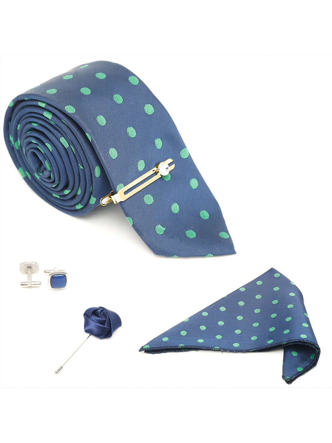 Polka Dot Blue Luxury Italian Silk Necktie Set With Pocket Square Cufflinks Brooch Gold Tie pin