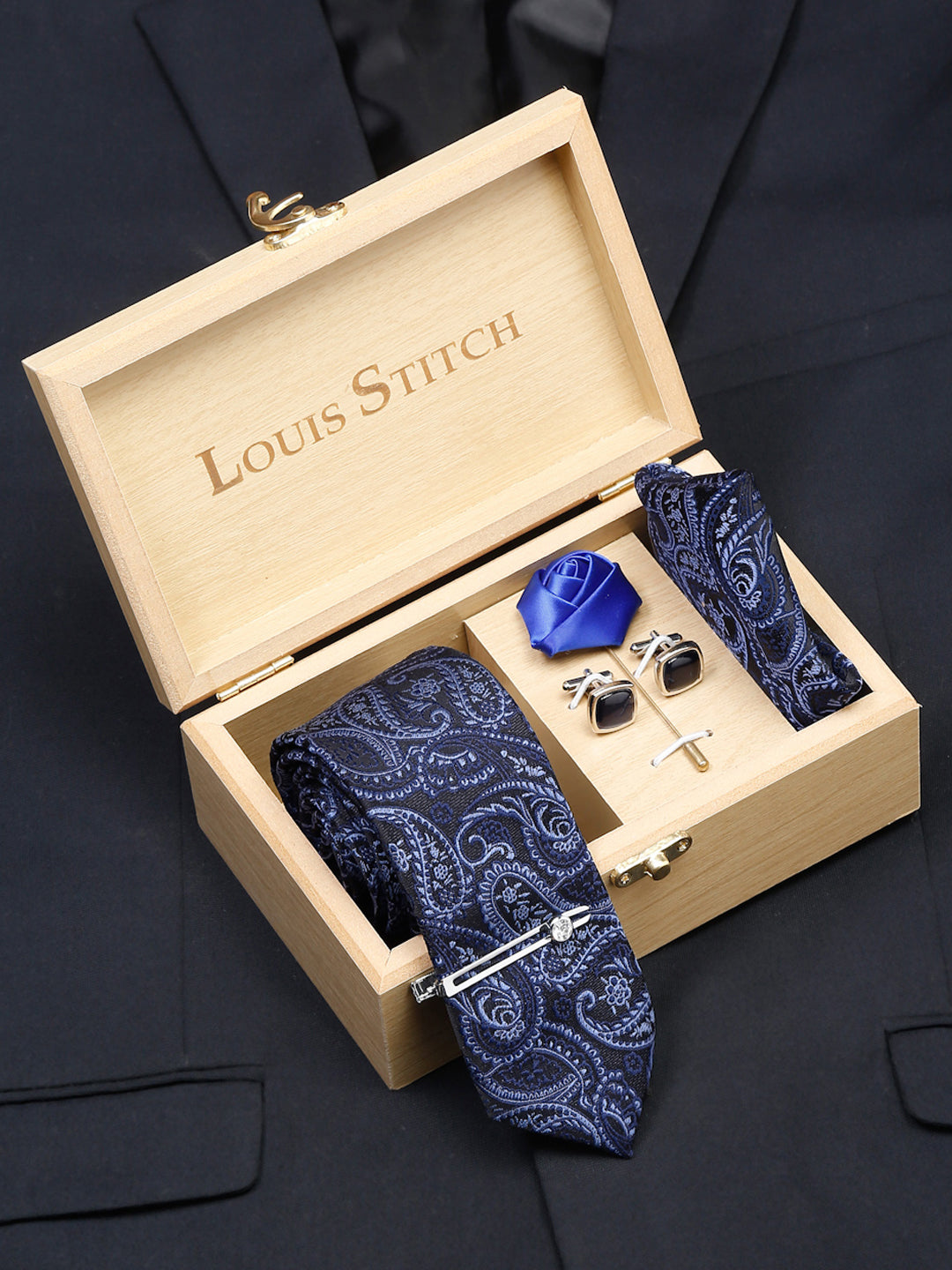 Denim Blue Luxury Italian Silk Necktie Set With Pocket Square Cufflinks Brooch Chrome Tie pin