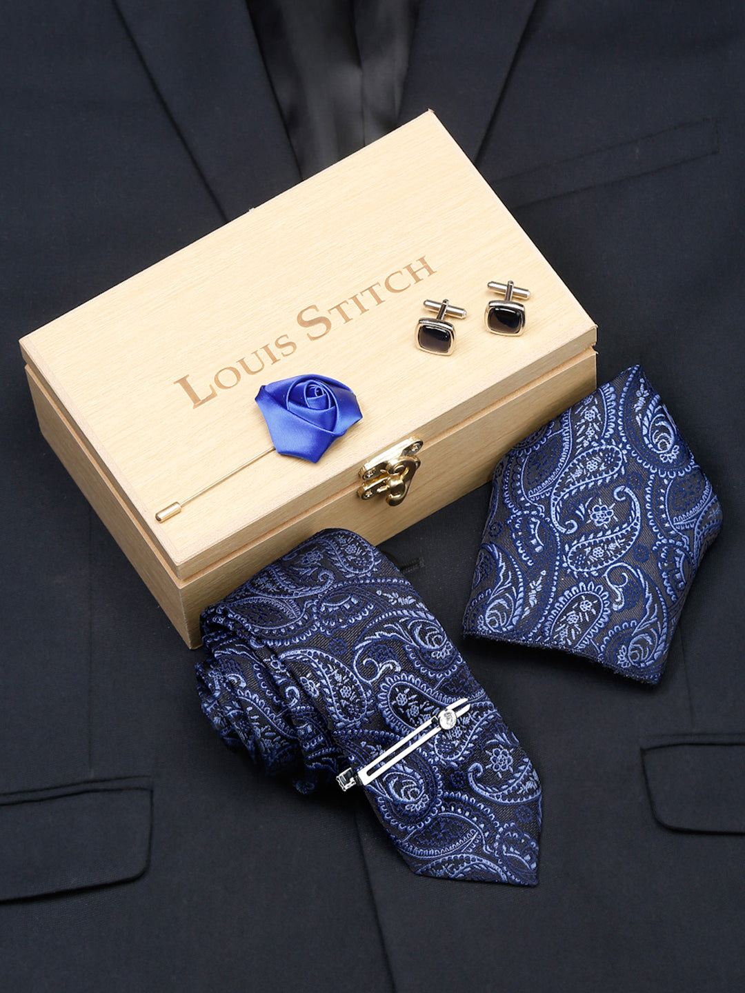 Denim Blue Luxury Italian Silk Necktie Set With Pocket Square Cufflinks Brooch Chrome Tie pin