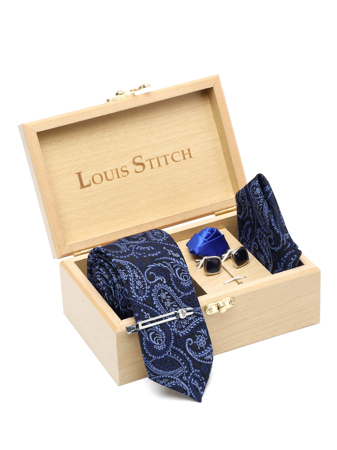 Denim Blue Luxury Italian Silk Necktie Set With Pocket Square Cufflinks Brooch Chrome Tie pin