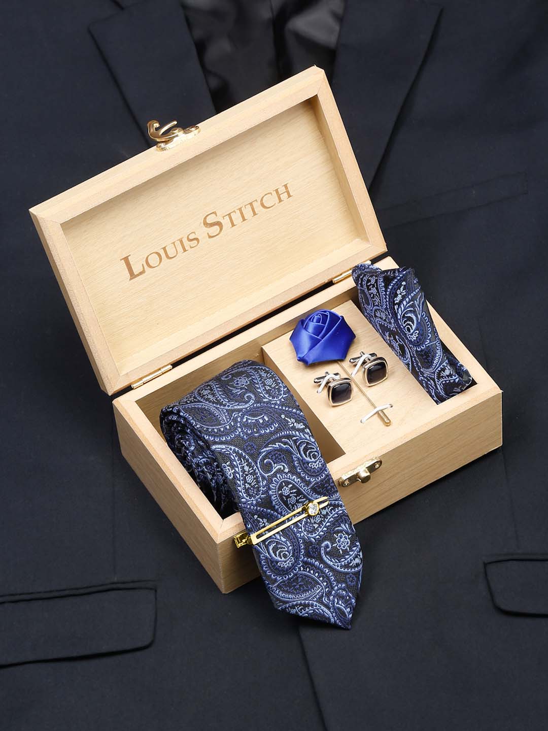 Denim Blue Luxury Italian Silk Necktie Set With Pocket Square Cufflinks Brooch Gold Tie pin